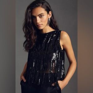 Eva Franco Anthropologie Black Sequin Fringe Crop Top Tank in Size Small